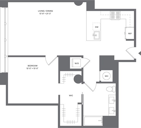 Floor plan for 1 bed, 1 bath, 903 sqft